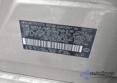 2010 Lexus Es z USA, uszkodzony, nr VIN JTHBK1EG5A2409632